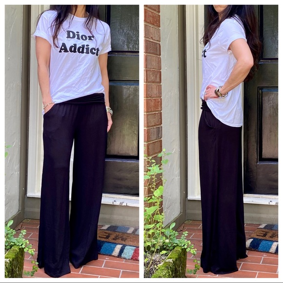 Black Wide leg Fold Waist Pants With Side pockets - Picture 4 of 8